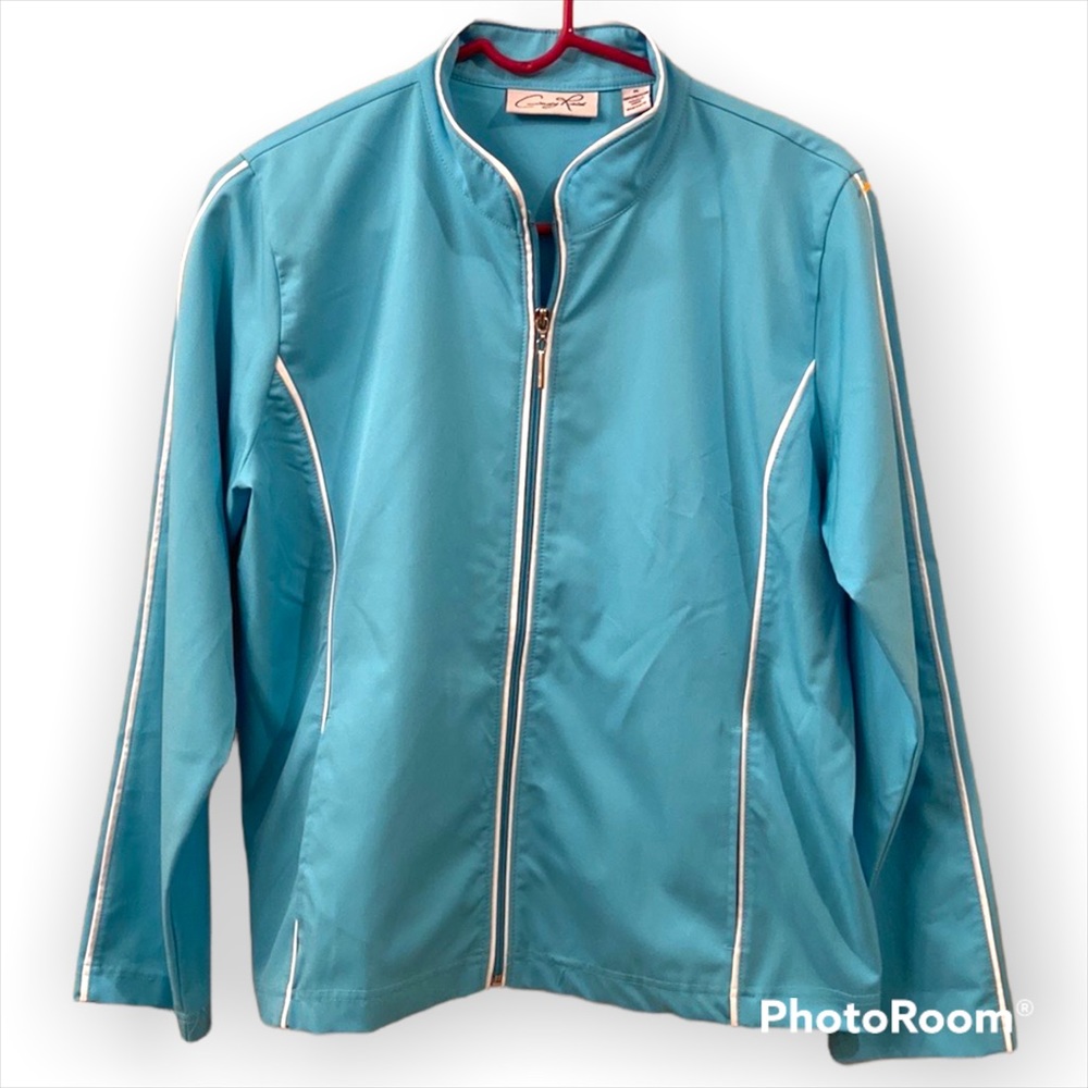 Cindy Reid jacket lightweight Blue Green White piping WM SZ M Pockets! 🥰